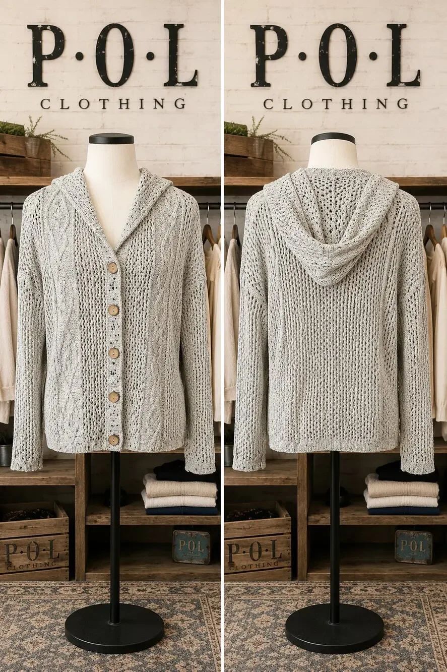 NWT POL Boutique Hooded Open Knit Cardigan Sweater Gray Boho Small